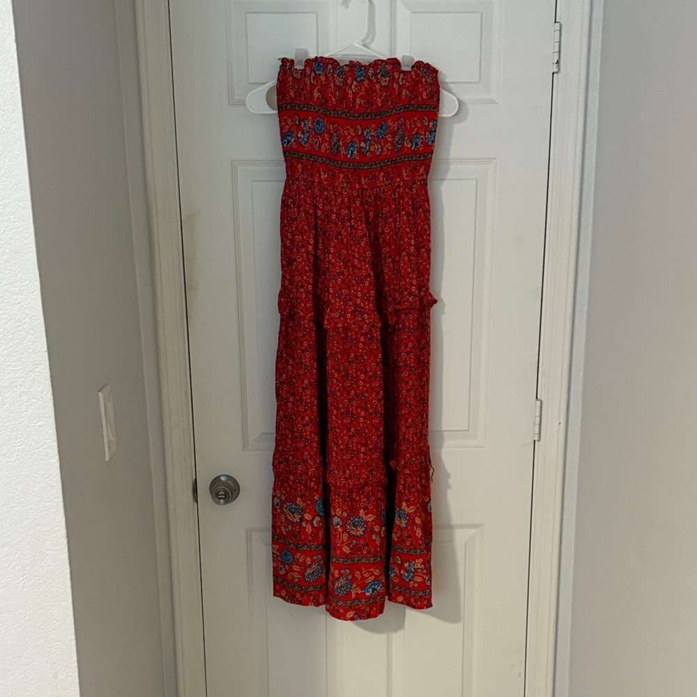 Vibrant Red Floral Strapless Dress